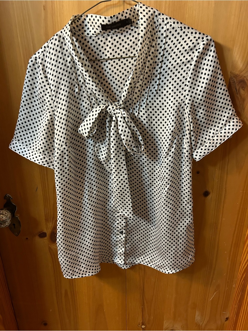The Limited White Blouse with Black Polka Dots and Tie Neck